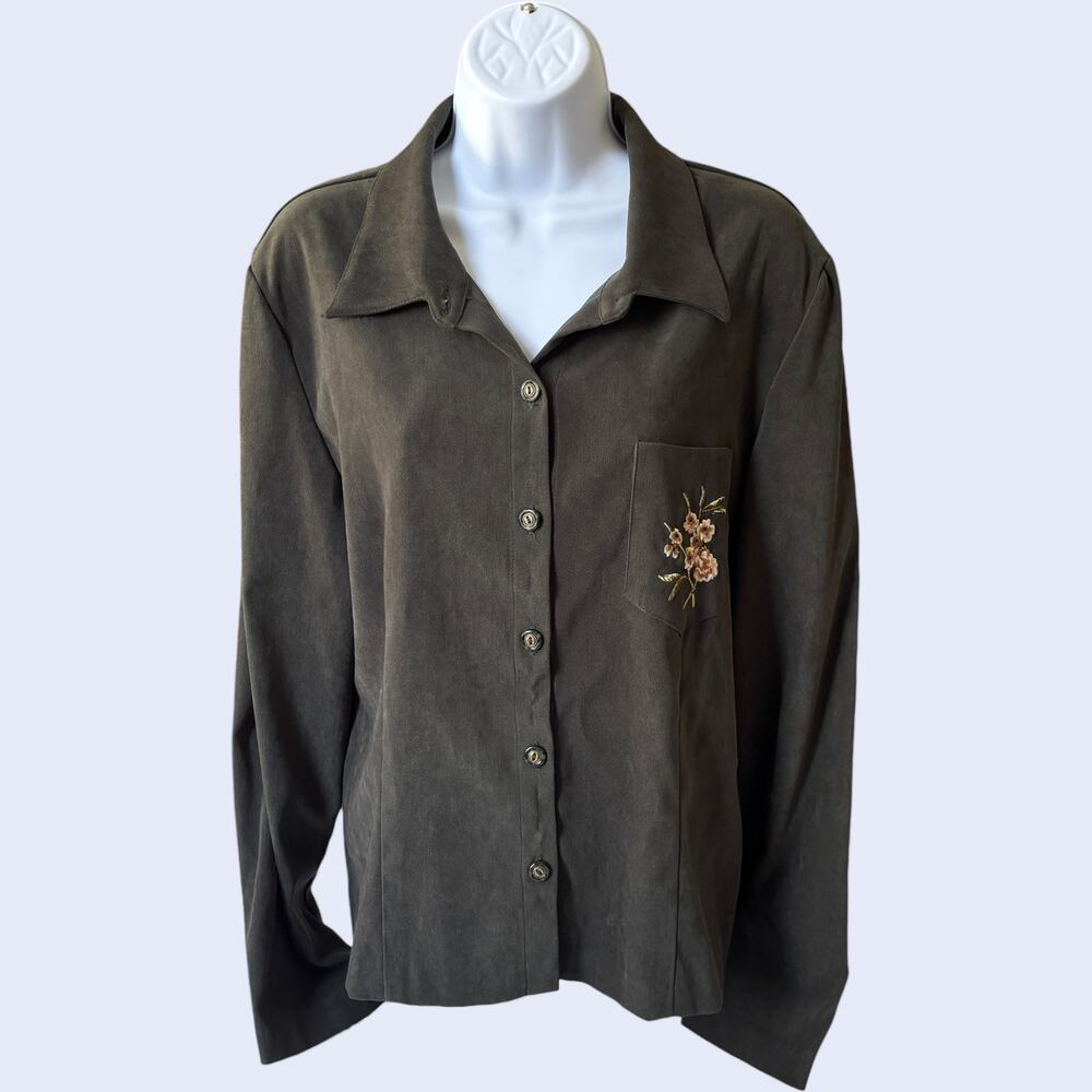 Teddi 16 Y2K Faux Suede Button Up Shirt Olive Green Relaxed Fit